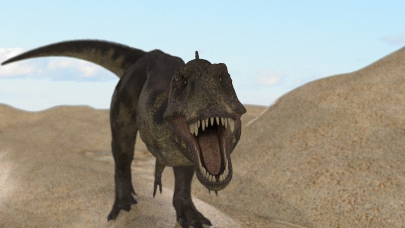 Deze 3D afbeelding van een Tyranosaurus Rex heb ik gemaakt met behulp van Carrara Pro 7, de lucht die je op de achtergrond ziet komt van een echte foto. Deze afbeelding heb ik aangepast met behulp van Corel Photo Paint.